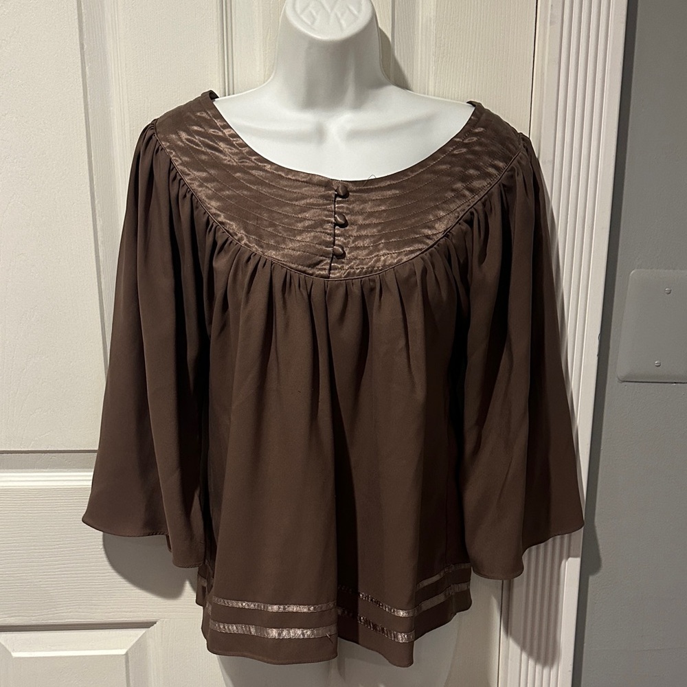 BCBGMaxAzria Dark Brown Satin Trim Blouse